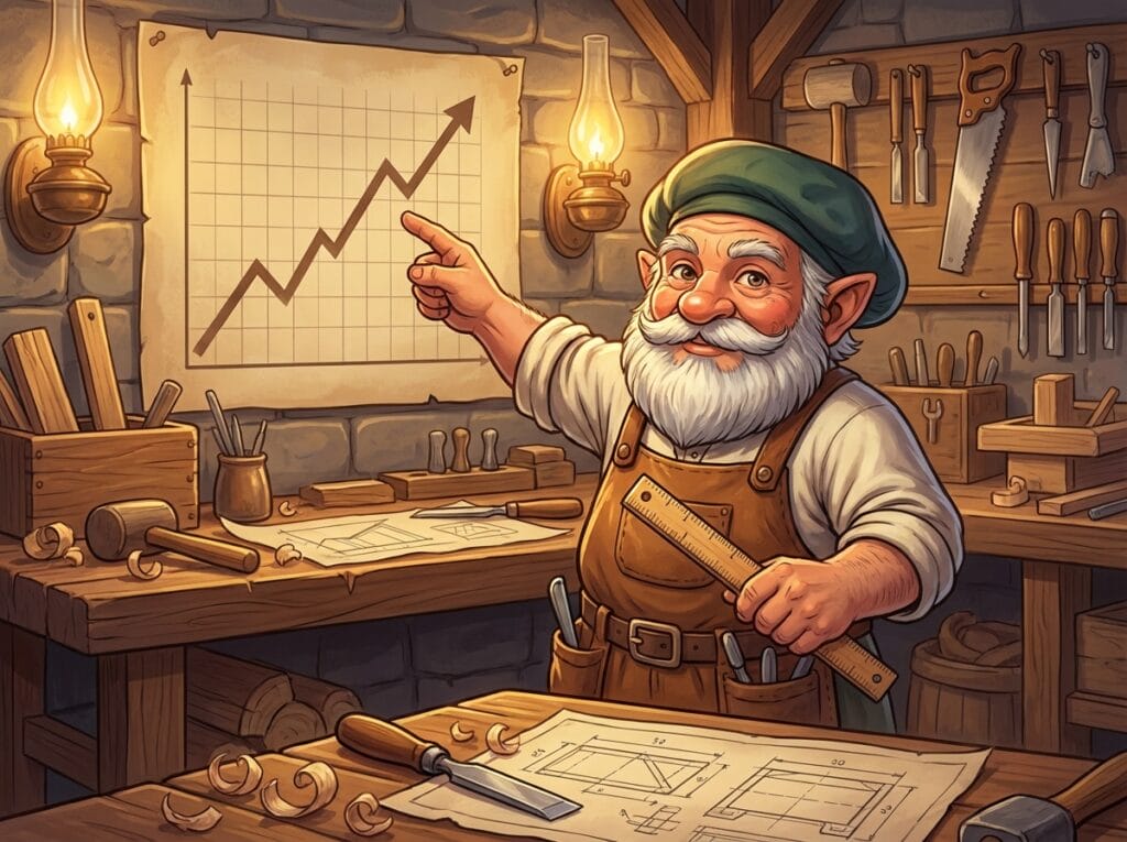 右肩上がりのグラフを指差し、自信に満ちた表情で御社を見つめるタジェール爺さんのイラスト