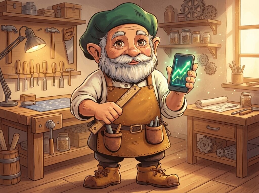 スマートフォンを掲げ、右肩上がりのグラフが表示されている画面を見せるタジェール爺さ