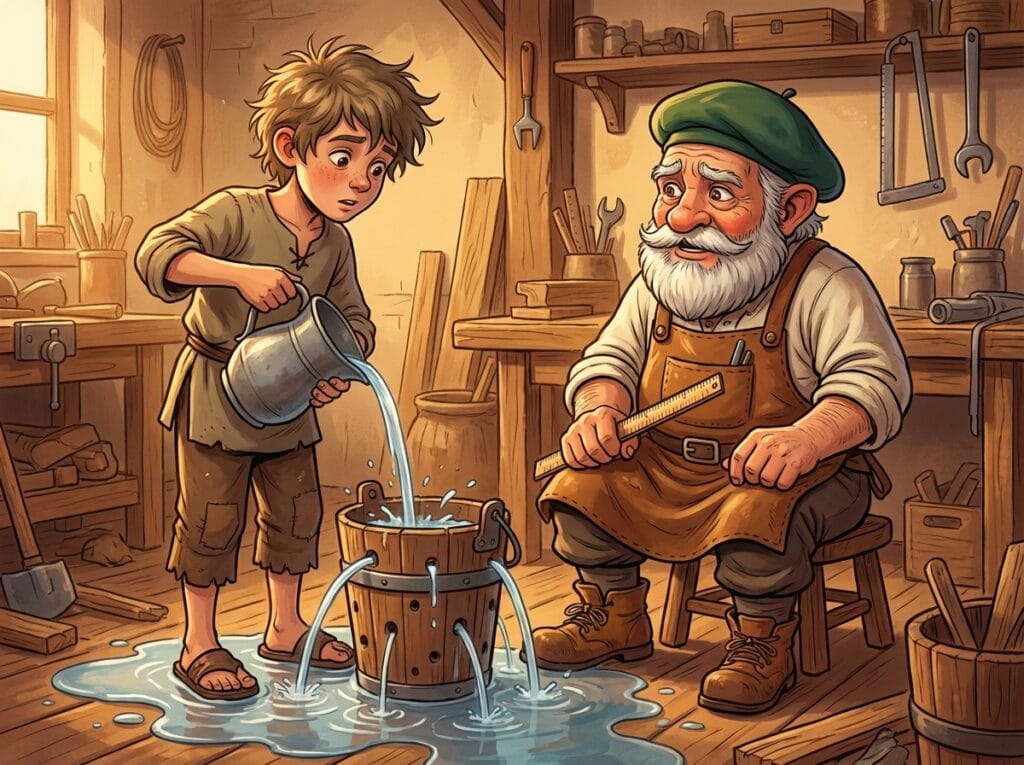 穴の空いたバケツに水を注ぎ続け、足元が水浸しになっている若者を、呆れて見ているタジェール爺さんのイラス