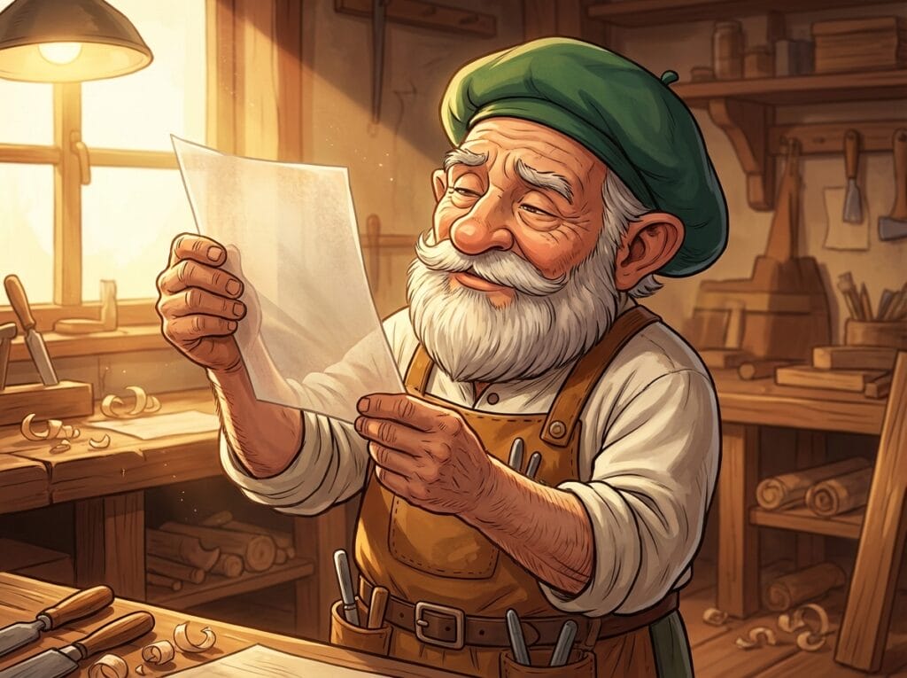 薄っぺらい紙(内容のない記事)を透かして見て、「これじゃ客の腹は満たせん」と首を横に振るタジェール爺さんのイラスト)