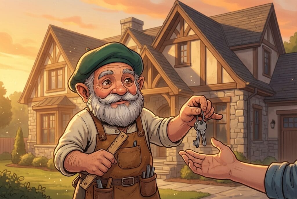 新築の家の鍵を施主に渡しながら、真剣な眼差しで語りかけているタジェール爺さんのイラスト