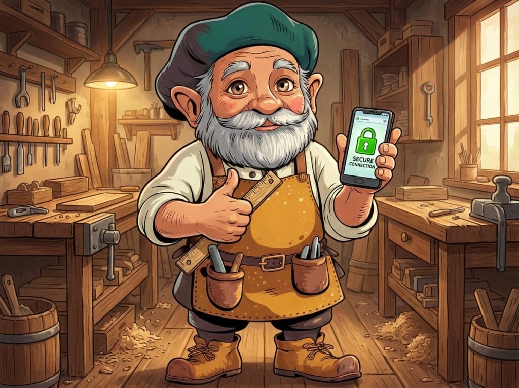 スマホ画面に鍵マーク(SSL)が表示されているのを見て、親指を立てるタジェール爺さん