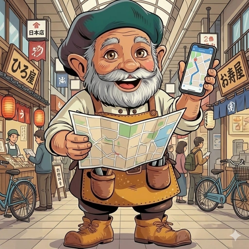 地図とスマホを持ち、地域の商店がを背景に立つタジェール爺さん