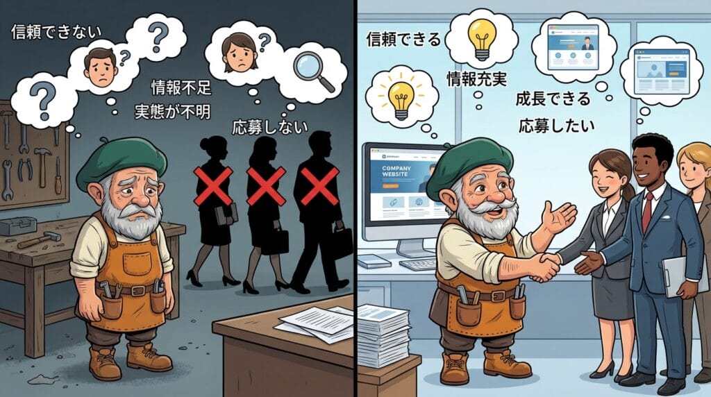 求職者は、応募前に必ず会社のホームページを確認します。ホームページがない会社には、優秀な人材は応募しません。
今の求職者、特に若い世代は、応募する前に必ず会社のホームページを確認します。ハローワークや求人サイトの情報だけでは、会社の実態が分からないからです。