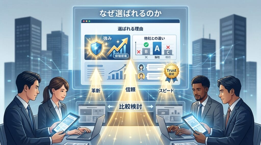 ホームページは、「なぜ御社を選ぶべきか」を明確に伝えることができます。お客様は、複数の会社を比較検討します。その時に、御社の強みが明確に伝わらなければ、選ばれません。