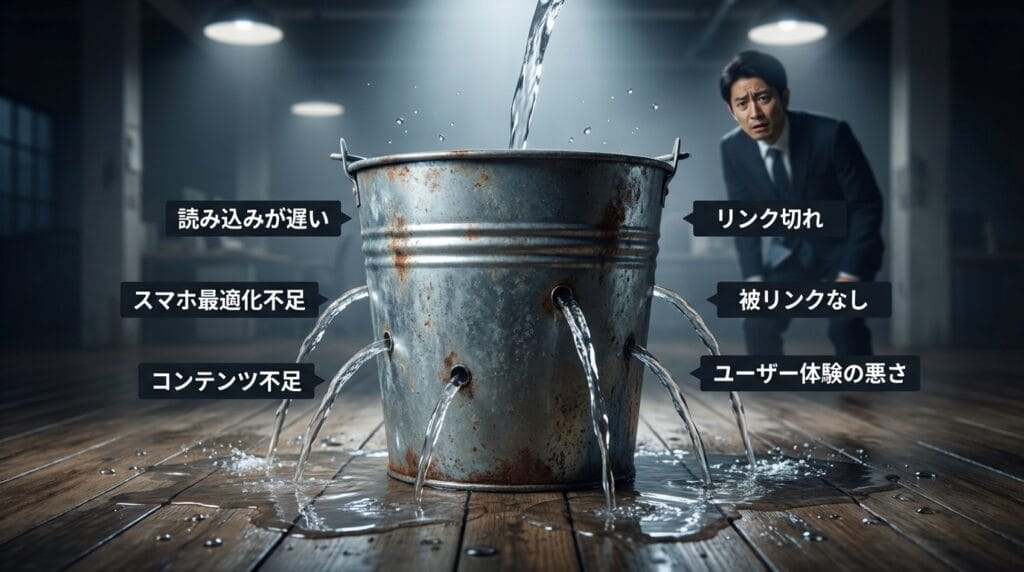 部分的にしか対策できていない穴の空いたバケツのようなもの