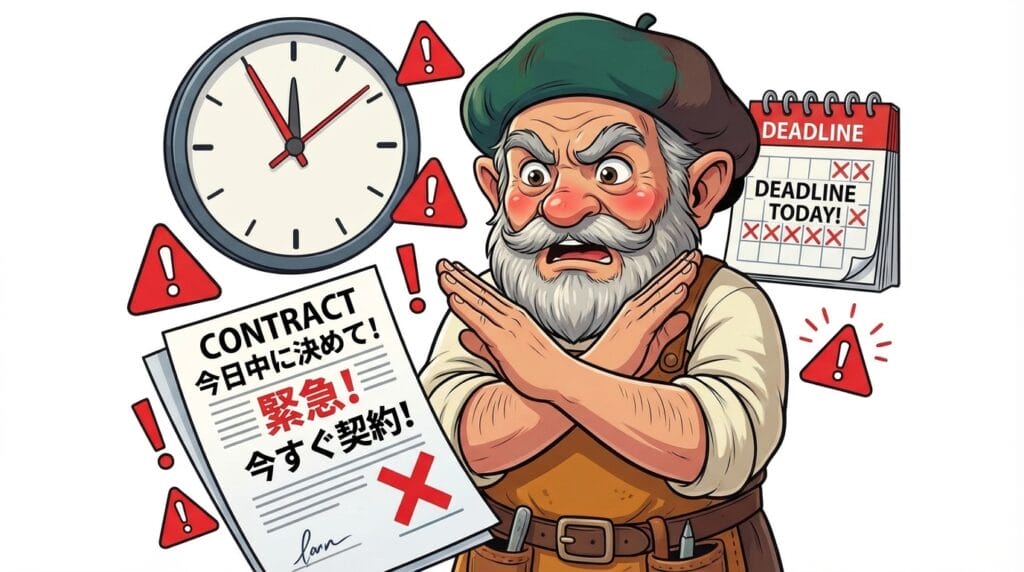 契約を急がせる（「今日中に決めてください」）